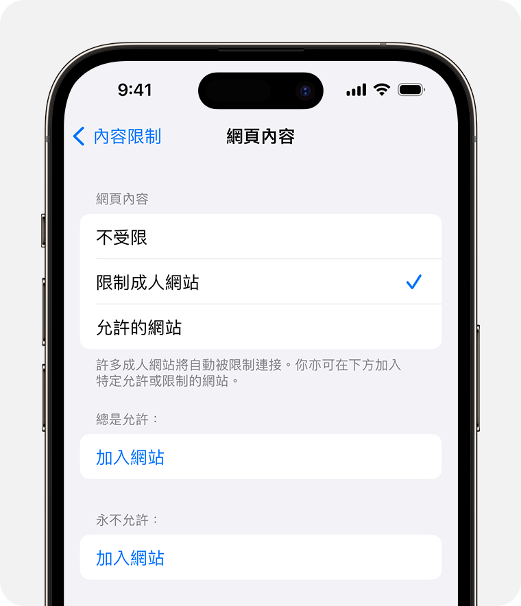 iPhone 畫面顯示分級保護控制的「網頁內容」選項