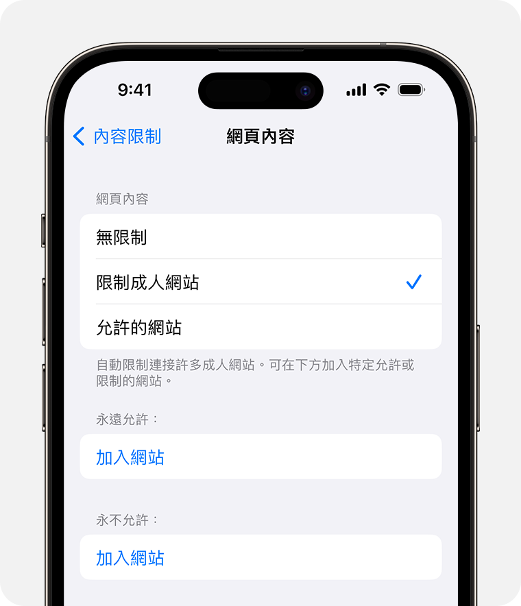 iPhone 畫面顯示分級保護控制的「網頁內容」選項