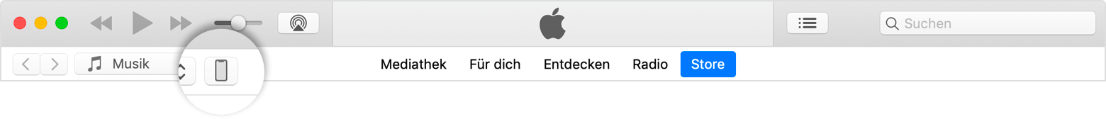 In iTunes zeigt das Gerätesymbol an, dass das Gerät erfolgreich mit dem Computer verbunden wurde.