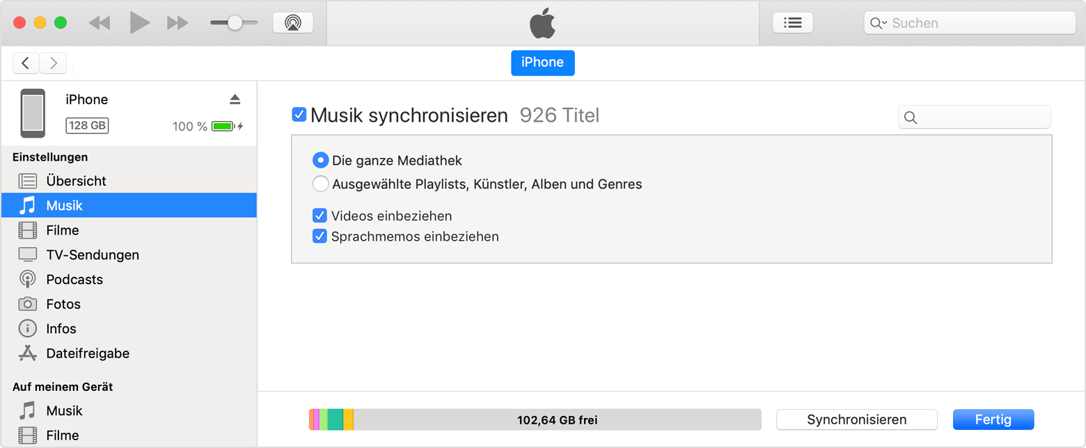 iTunes kann eine Übersicht aller Medien auf deinem verbundenen Gerät anzeigen.