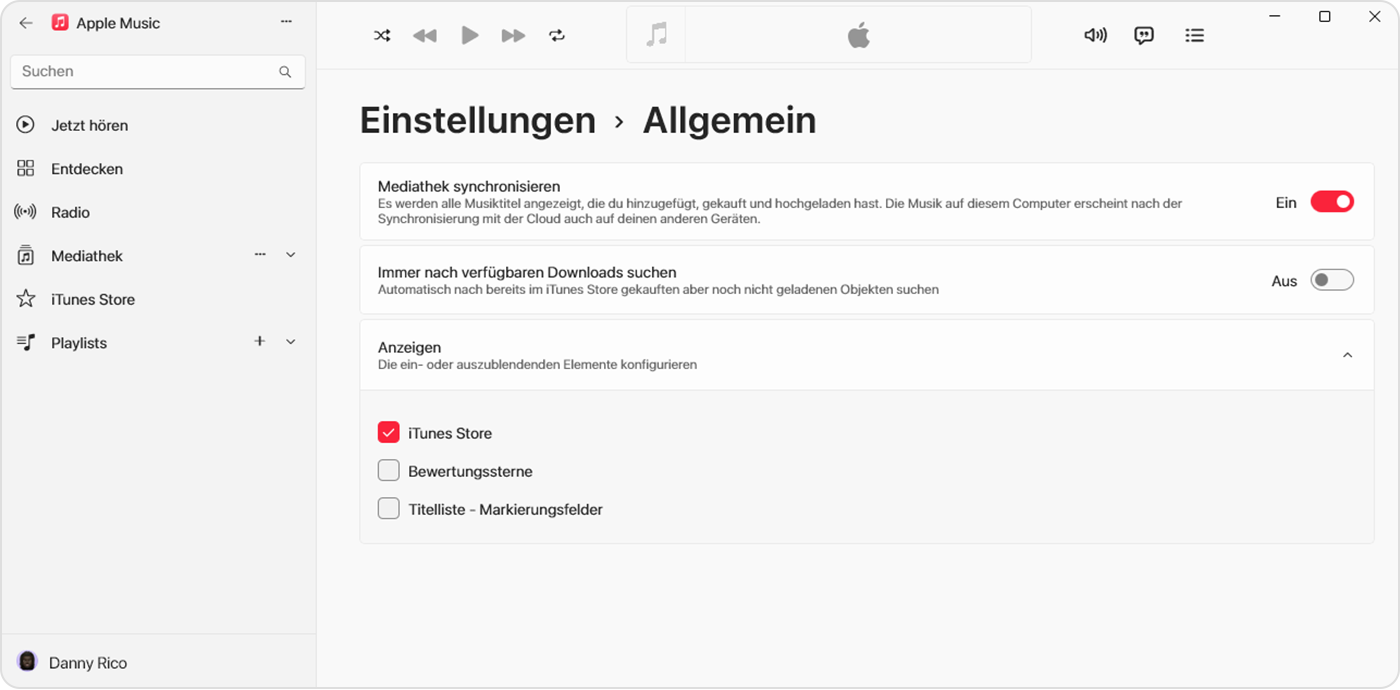 Die Apple Music-App für Windows mit aktivierter Option „Mediathek synchronisieren“ unter „Einstellungen“ > „Allgemein“ 