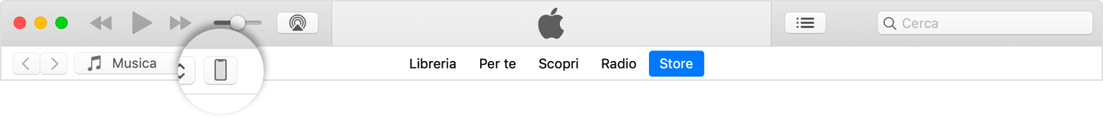 Barra dei menu di iTunes, icona iPhone selezionata.