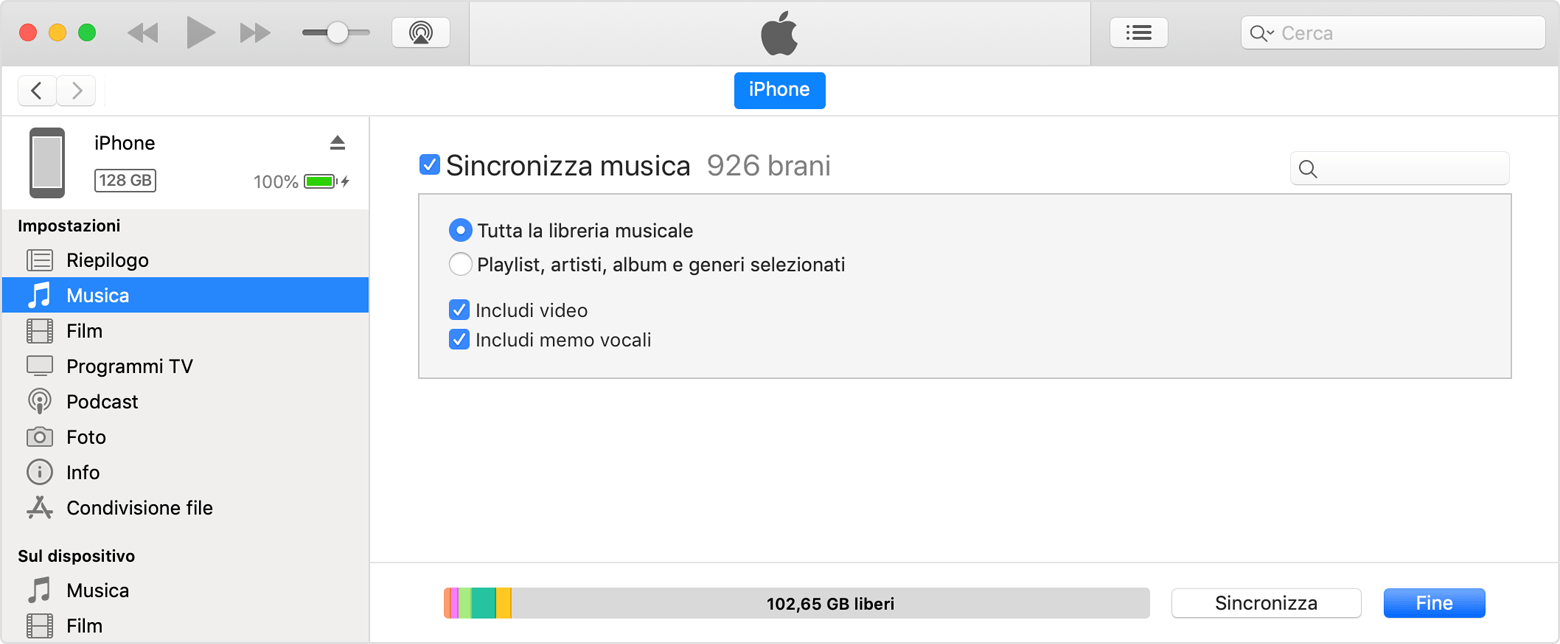 iTunes può mostrare un riepilogo di tutti i contenuti multimediali sul dispositivo connesso.