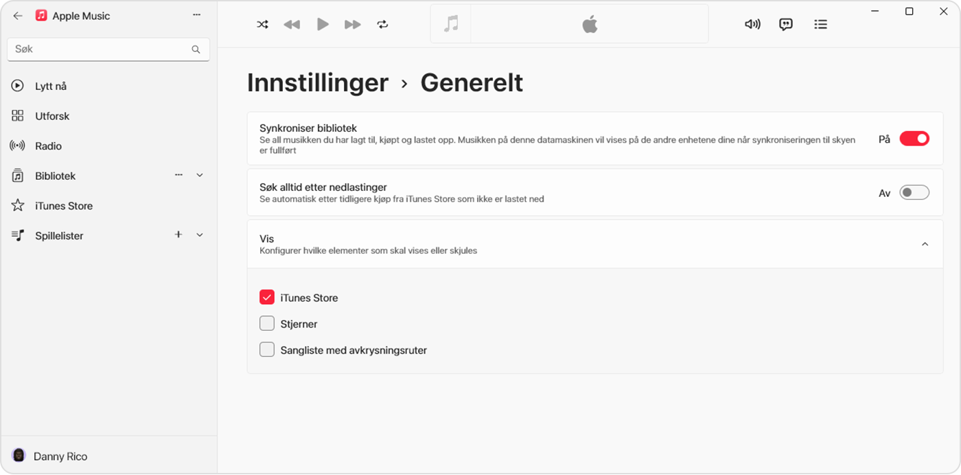 Apple Music-appen for Windows som viser at «Synkroniser bibliotek» er slått på i Innstillinger > Generelt 