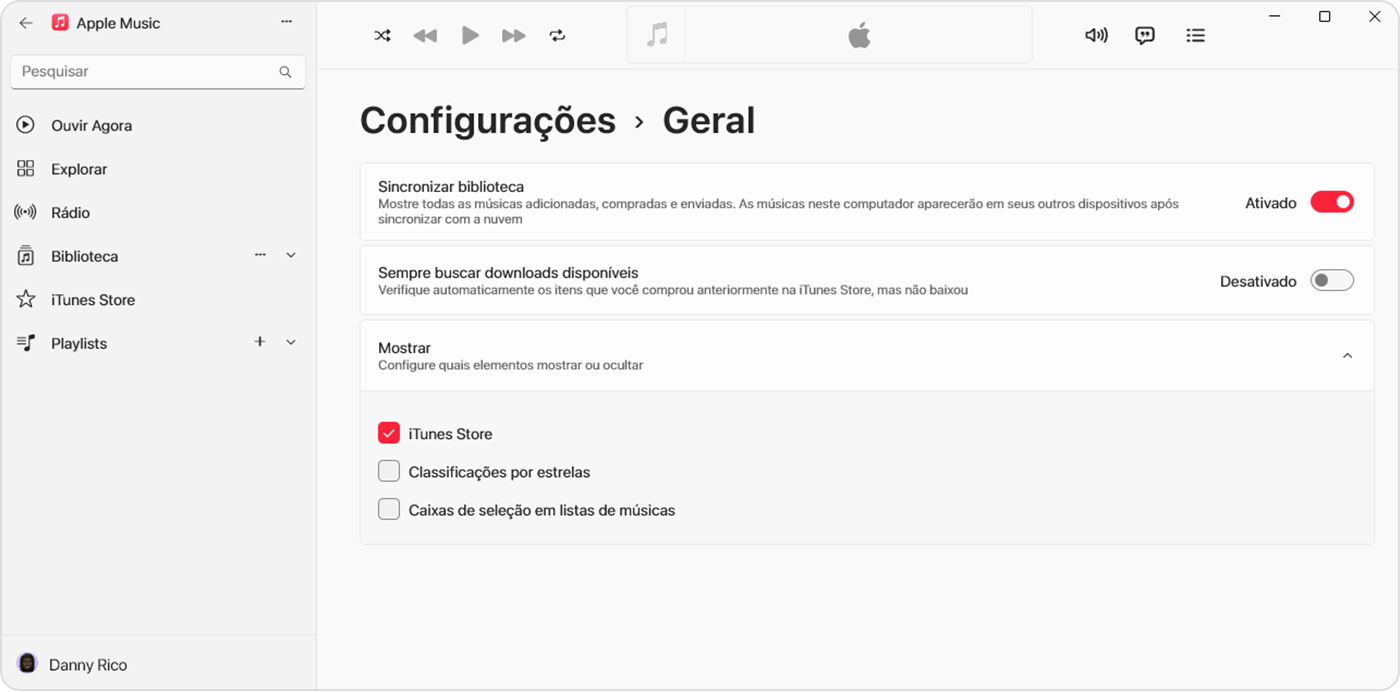 App Apple Music para Windows mostrando a opção Sincronizar Biblioteca ativada em Ajustes > Geral 