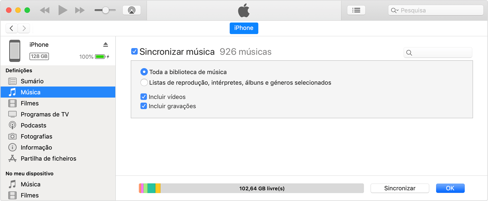 O iTunes pode mostrar um resumo de todos os conteúdos multimédia no dispositivo ligado.