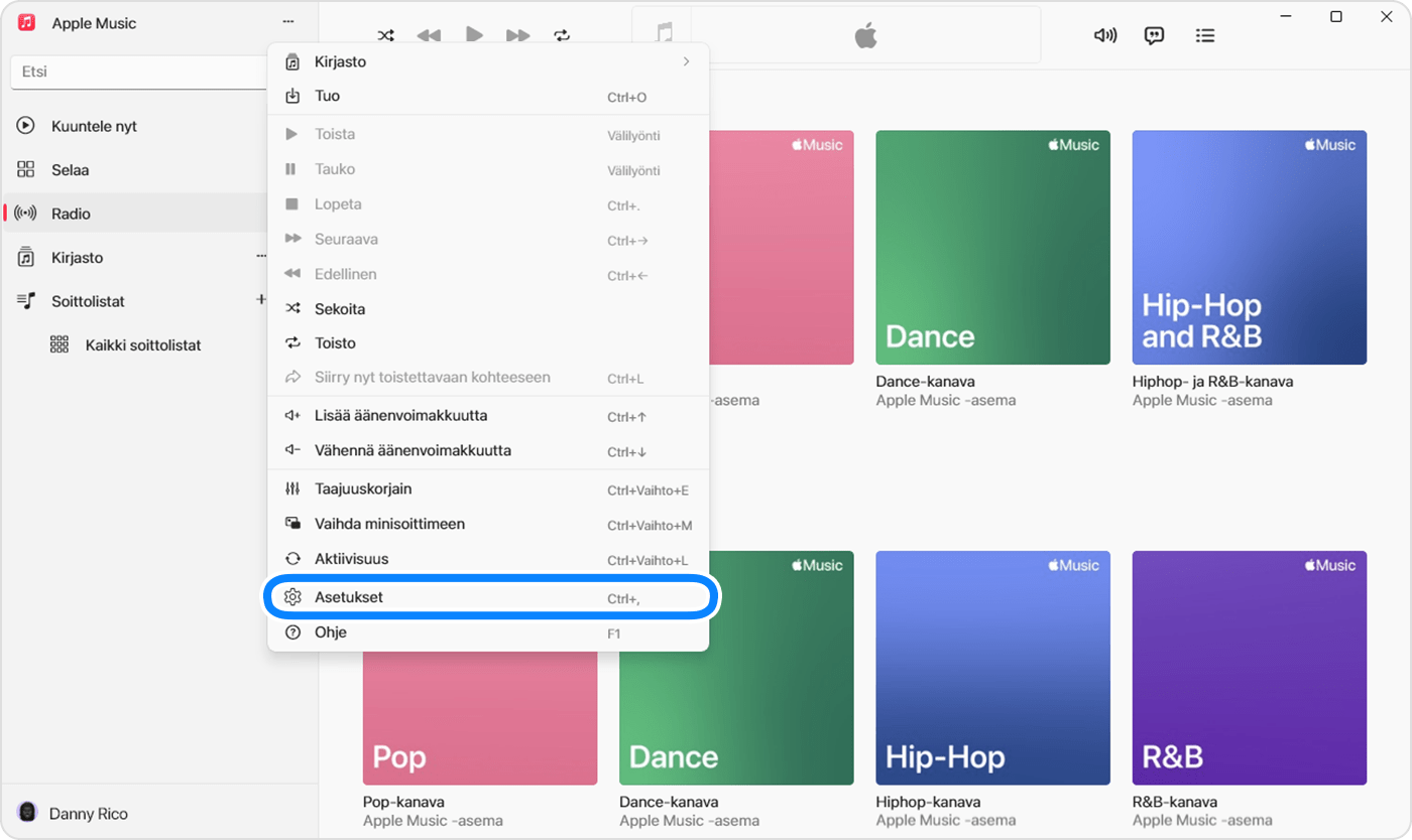 Apple Music ‑apin Windows-versiossa näkyy Asetukset-valinta valikossa, joka tulee näkyviin klikattaessa Sidebar Actions (Sivupalkin toiminnot) ‑painiketta.