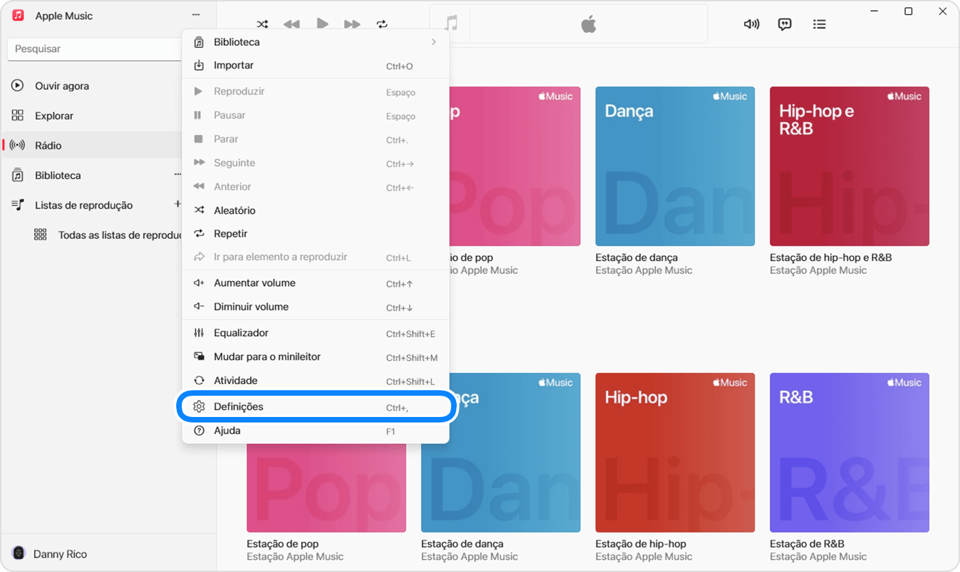 App Apple Music para Windows a mostrar as Definições no menu que aparece quando clica em ações da barra lateral.