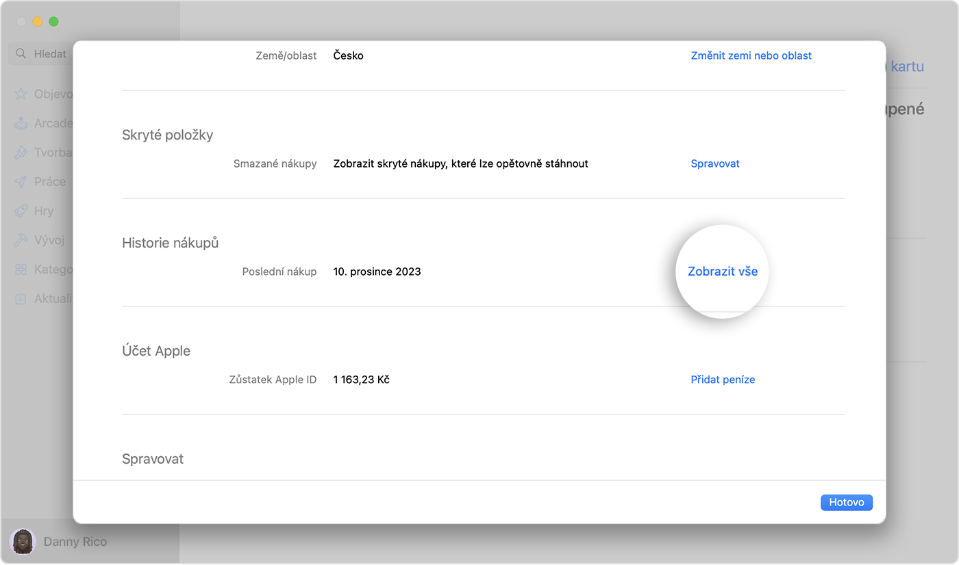 Obrázek s nastaveními účtu v App Storu v macOS. Je zvýrazněné tlačítko Zobrazit vše.