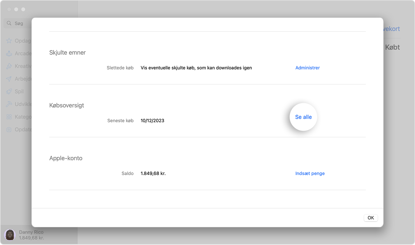 Et billede, der viser Kontoindstillinger i App Store på macOS. En knap til Se alle er fremhævet.