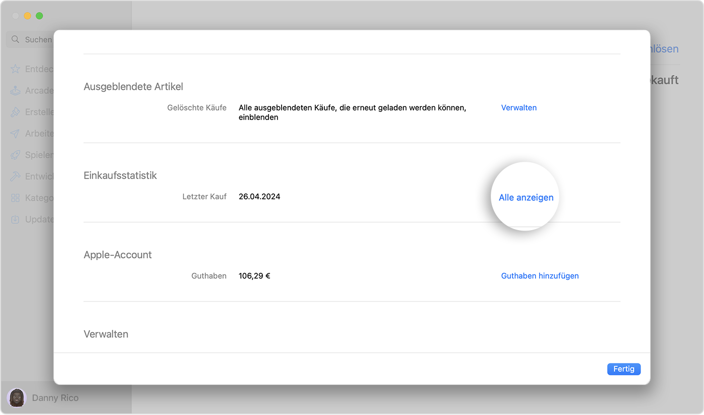 Ein Bild, das die Accounteinstellungen im App Store unter macOS zeigt. Die Taste „Alle anzeigen“ ist hervorgehoben.