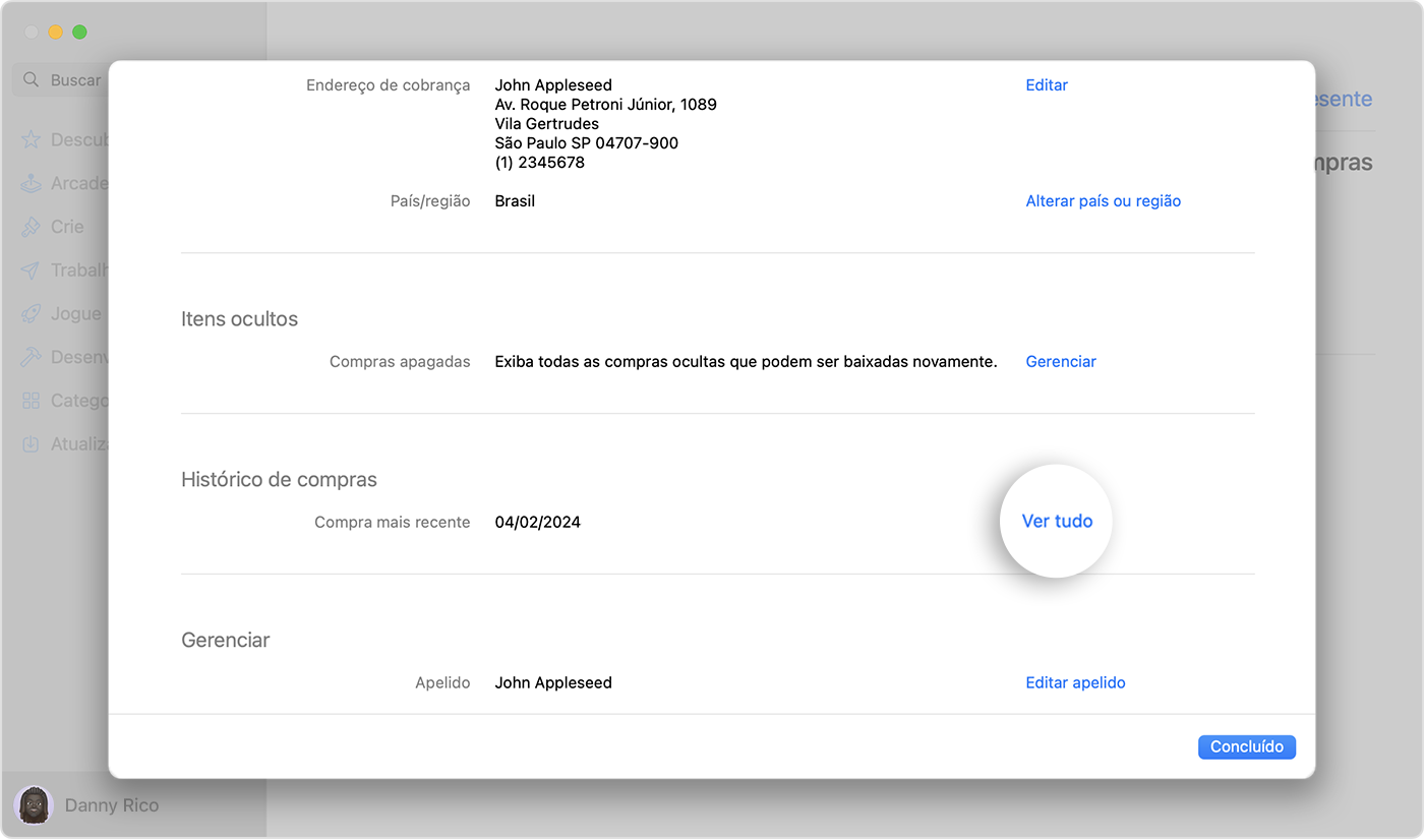 Imagem com os “Ajustes da Conta” na App Store do macOS. O botão Ver Tudo está destacado.