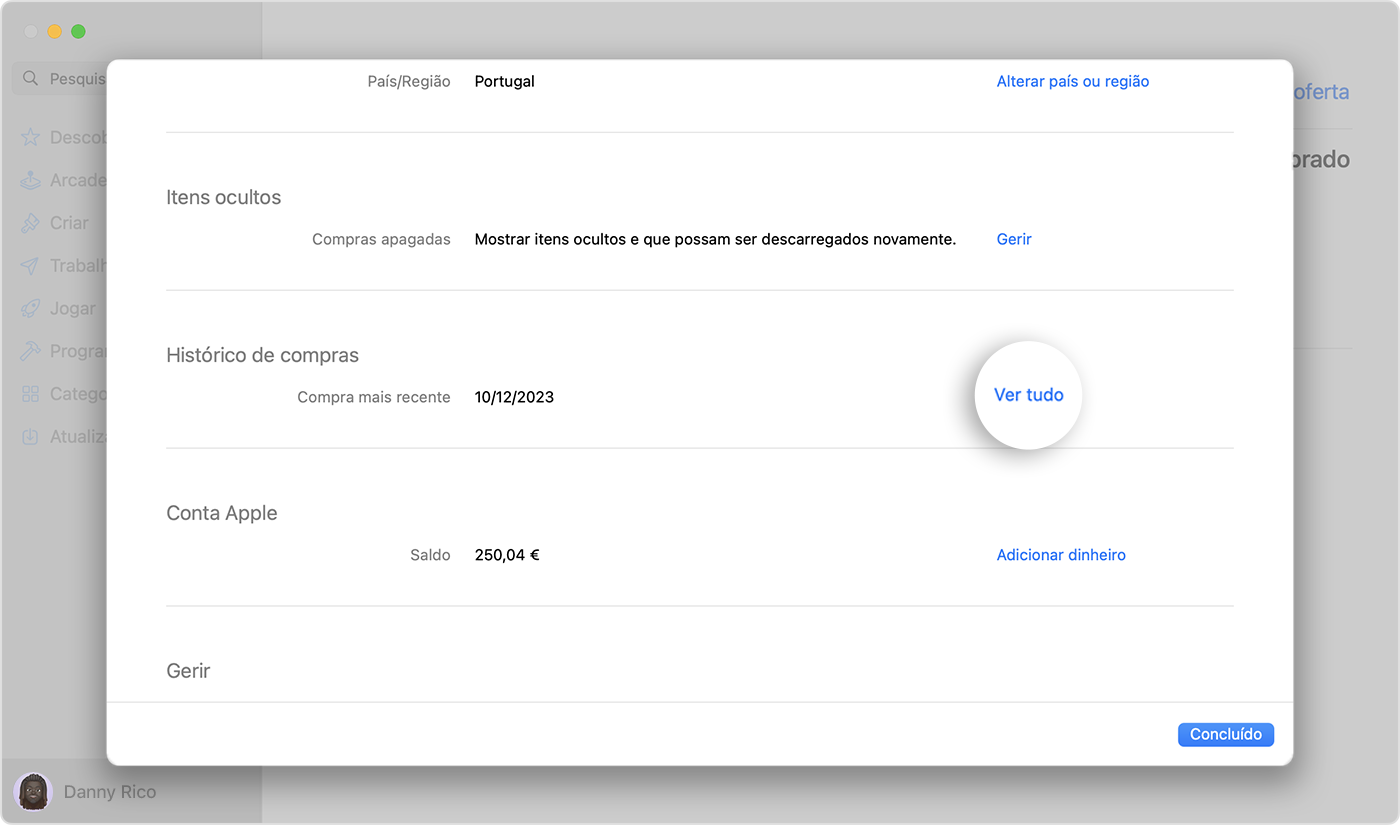 Uma imagem que mostra as Definições da conta na App Store no macOS. Está destacado um botão para Ver tudo.