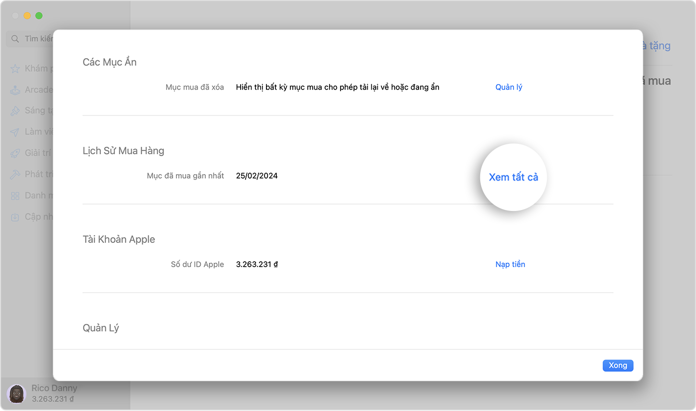 Hình ảnh hiển thị Cài đặt tài khoản trong App Store trên macOS. Nút Xem tất cả được tô sáng.