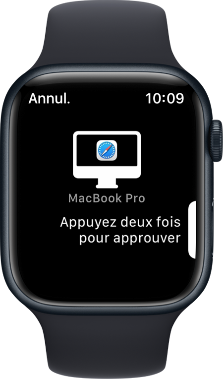 Écran d’une Apple Watch montrant un message indiquant « Appuyez deux fois pour approuver »