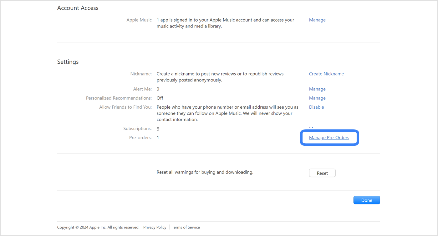 Apple Music app for Windows PC showing Manage Pre-Orders in Account Settings