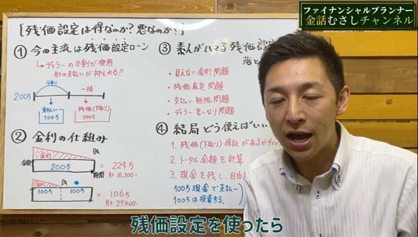 残クレについて質問です。YouTubeに「FPむさし車チャンネル」ってチャンネルがあります。ファイナンシャルプランナーの資格を持つ車屋さんのチャンネルです。 その中に残クレの説明を通して、残クレ...