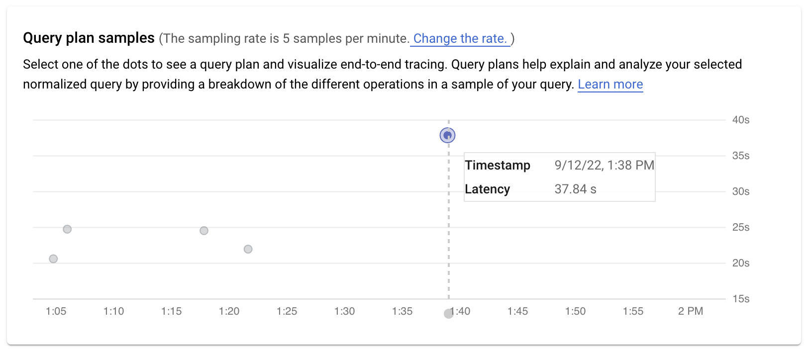 Um gráfico para amostras de planos de consulta,
com o tempo em que foram executados na parte inferior do gráfico (eixo x) e o número de segundos
em que foram executados à direita (eixo y).