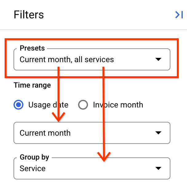 Configuración de vistas predeterminadas en el panel de filtros.