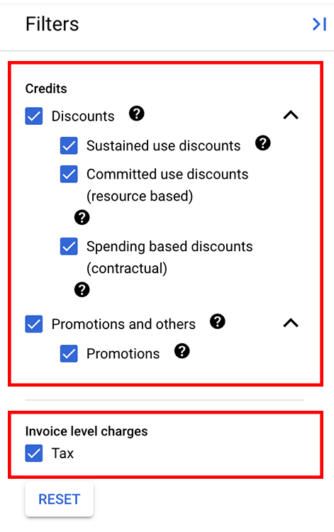 Configuración de los filtros de cargos a nivel de factura y créditos en el panel de filtros.