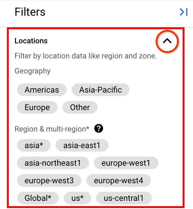 Paramétrage des filtres de localisation dans le panneau des filtres.