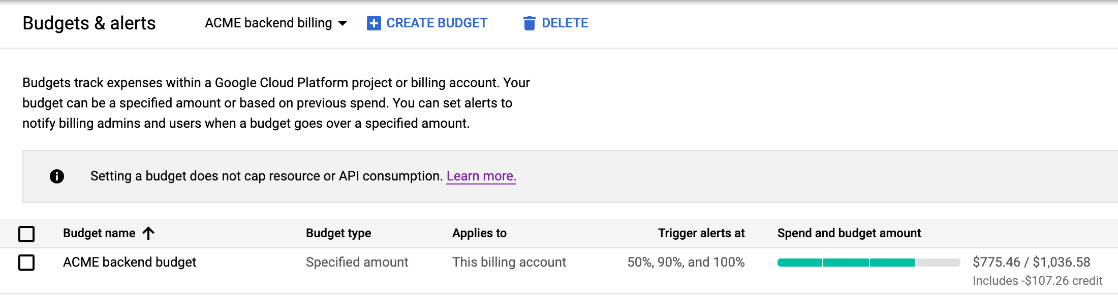 Die Abbildung zeigt die Liste der Cloud Billing-Benachrichtigungen in der Google Cloud Console.