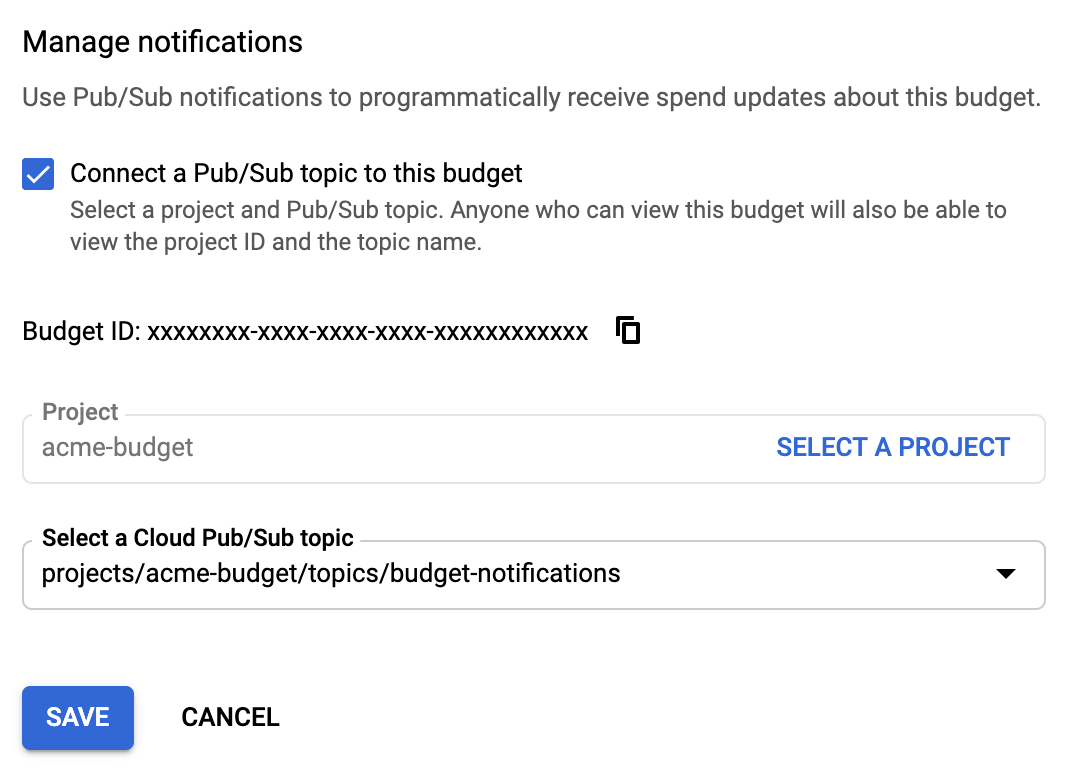 Google Cloud 控制台中的“管理通知”部分，您可以在其中将 Pub/Sub 主题与预算相关联。它包括预算 ID、项目名称和 Pub/Sub 主题。