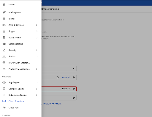 Screenshot von Cloud Functions im Menü der Google Cloud Console