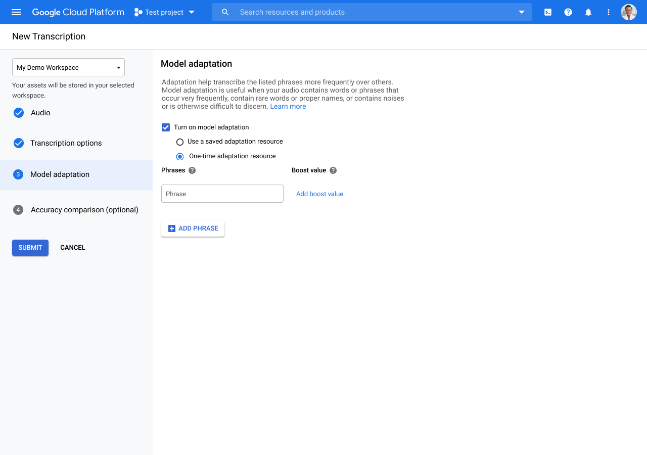 Screenshot della pagina Adattamento del modello nella console Google Cloud.