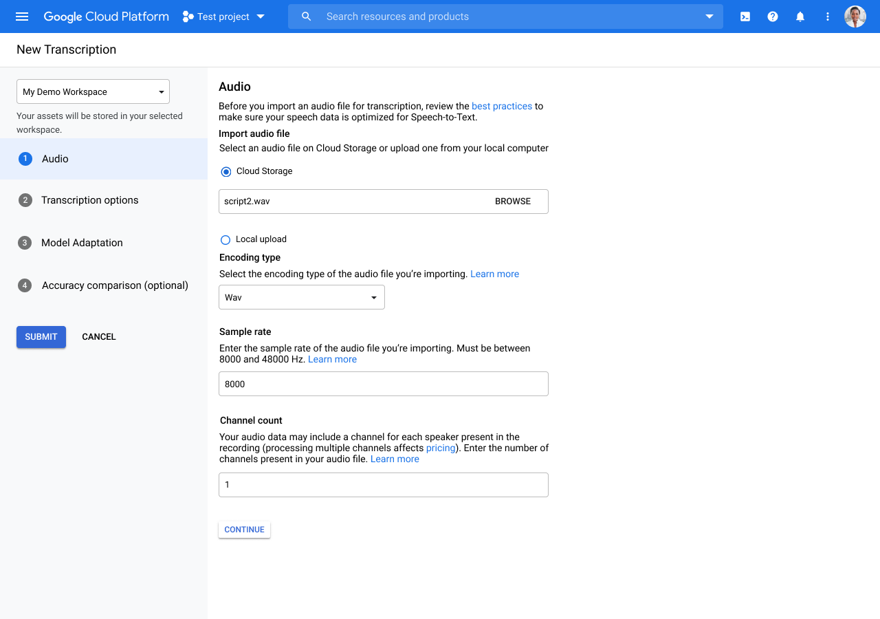 Google Cloud Console에서 오디오 텍스트 변환 만들기 페이지의 스크린샷입니다.