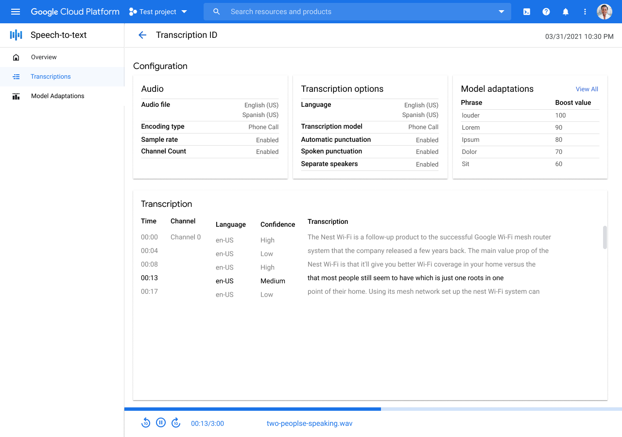 Capture d'écran de la page "Détails de la transcription" dans la console Google Cloud.