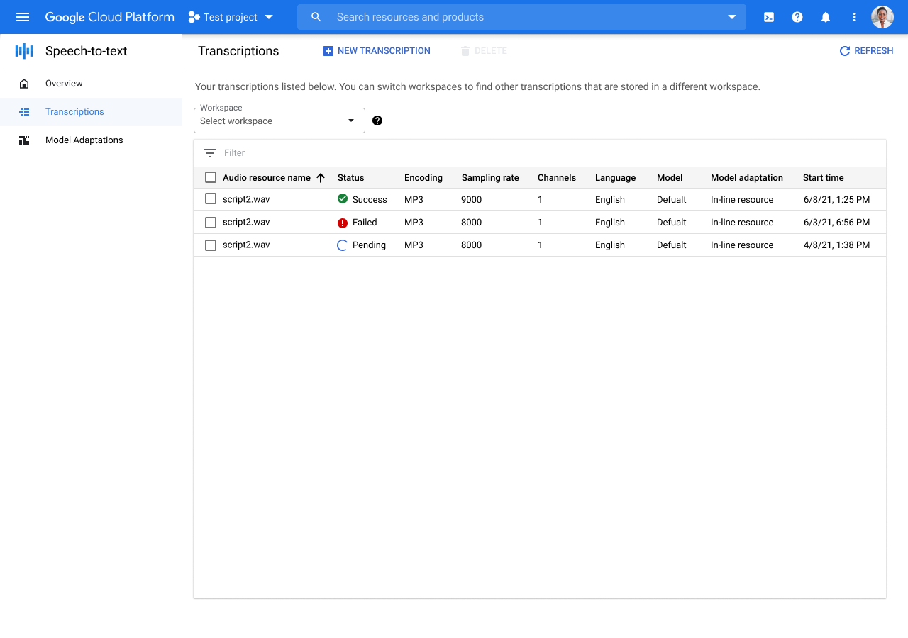 Google Cloud console의 텍스트 변환 목록 페이지의 스크린샷입니다.