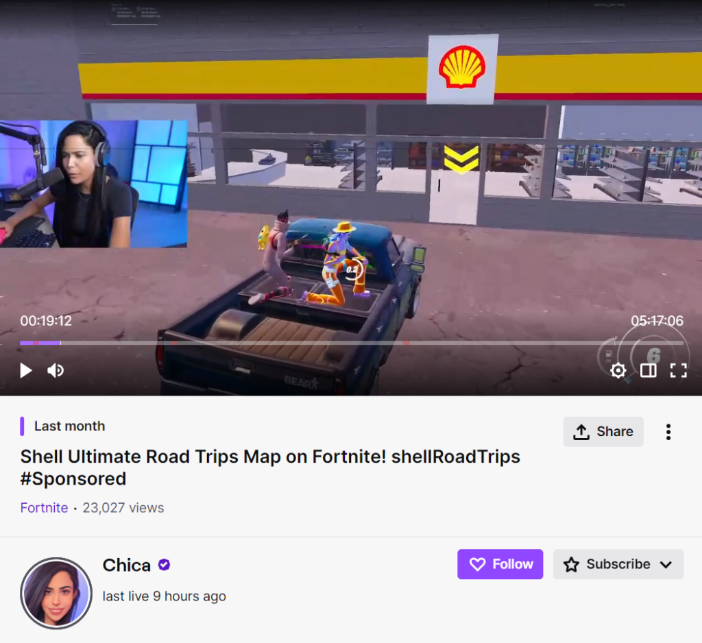 Screenshot of streamer Chica playing Shell Ultimate Road Trips map on Fortnite 