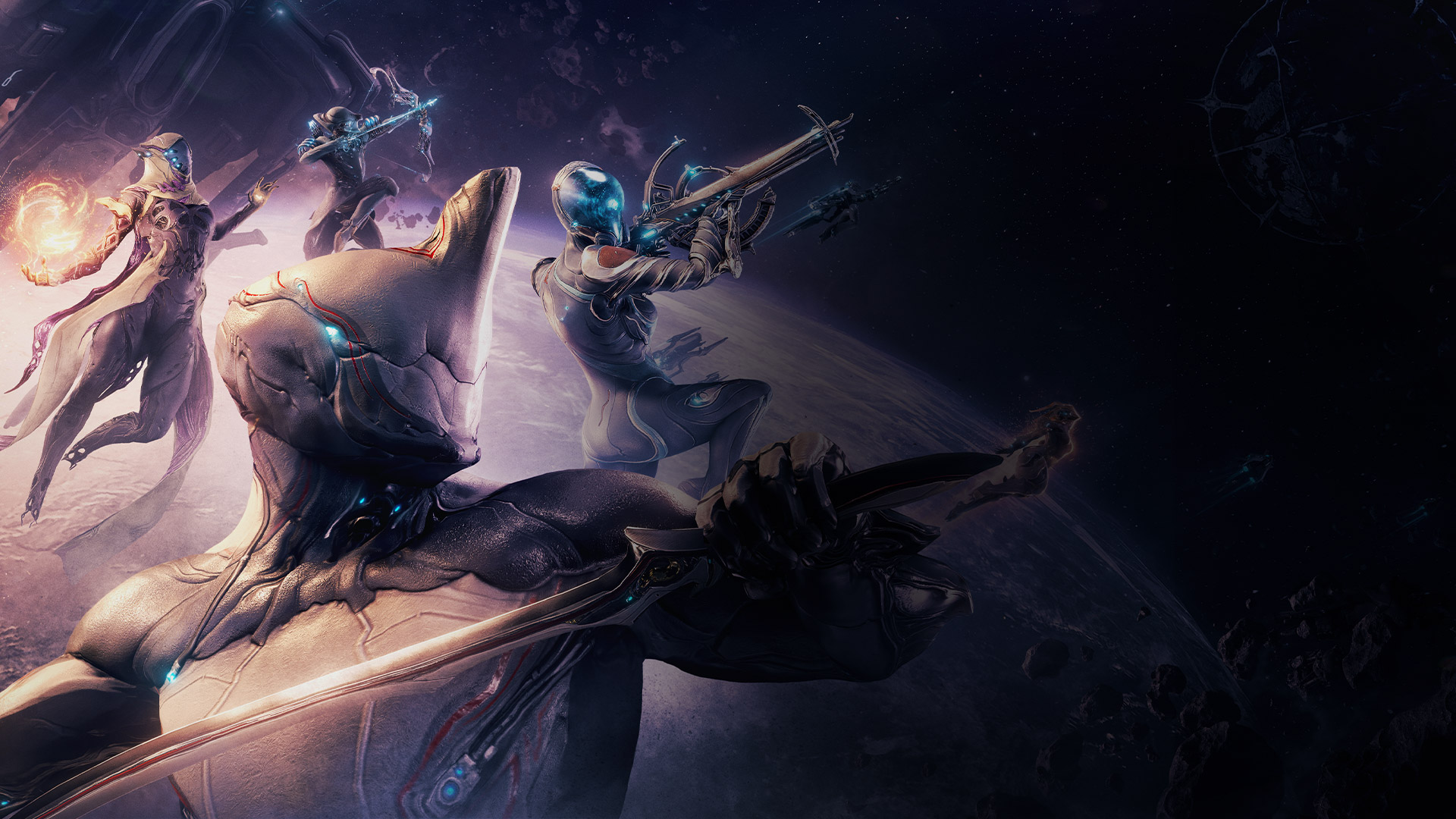 Characters from Warframe wielding weapons as they leap through space over a planet.