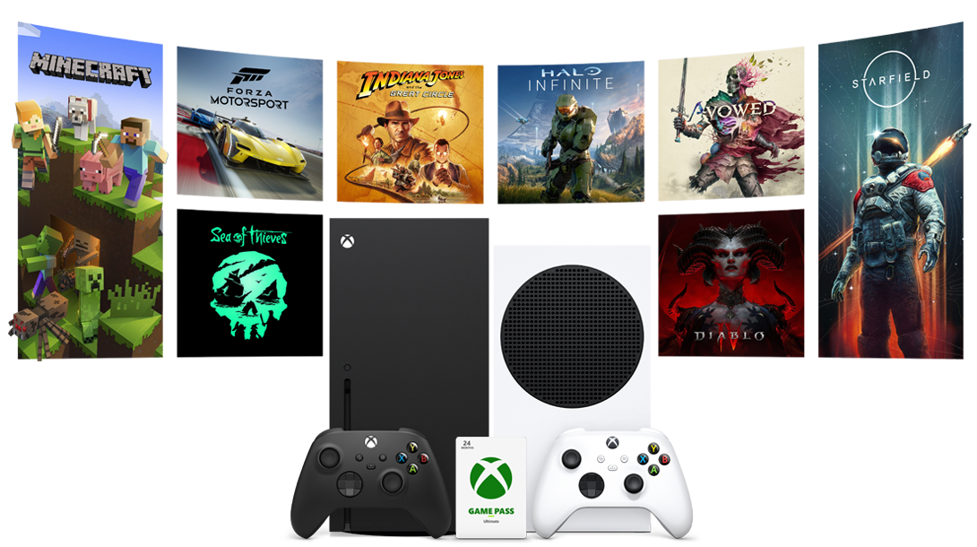 Xbox Series X and Xbox Series S consoles side-by-side with controllers, an Xbox Gift Card and poster images from games available with a Game Pass membership