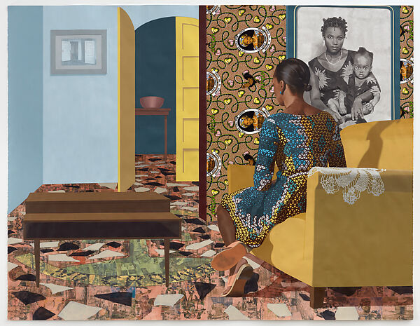 Mother and Child, Njideka Akunyili Crosby (Nigerian, born Enugu, 1983), Acrylic, transfer printing, colored pencil, cut and pasted paper, and printed fabric on paper 