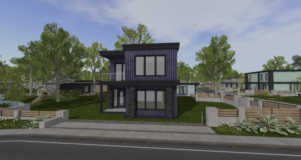 a dark blue modern two-story house with metal panel exterior