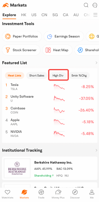 dividend stocks ranking in moomoo stock trading app