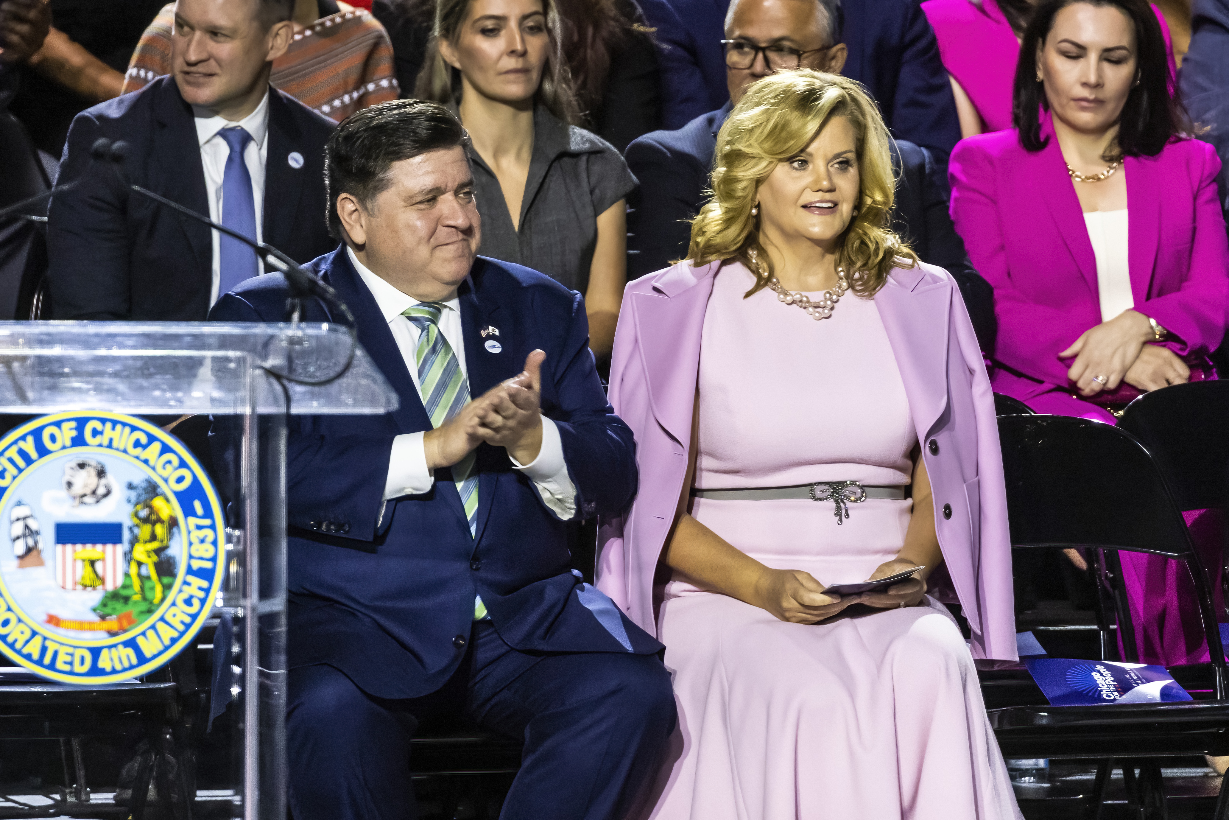 MK Pritzker accompanies her husband, Gov. JB Pritzker, at Mayor Brandon Johnson’s inaugural address May 15, 2023. 