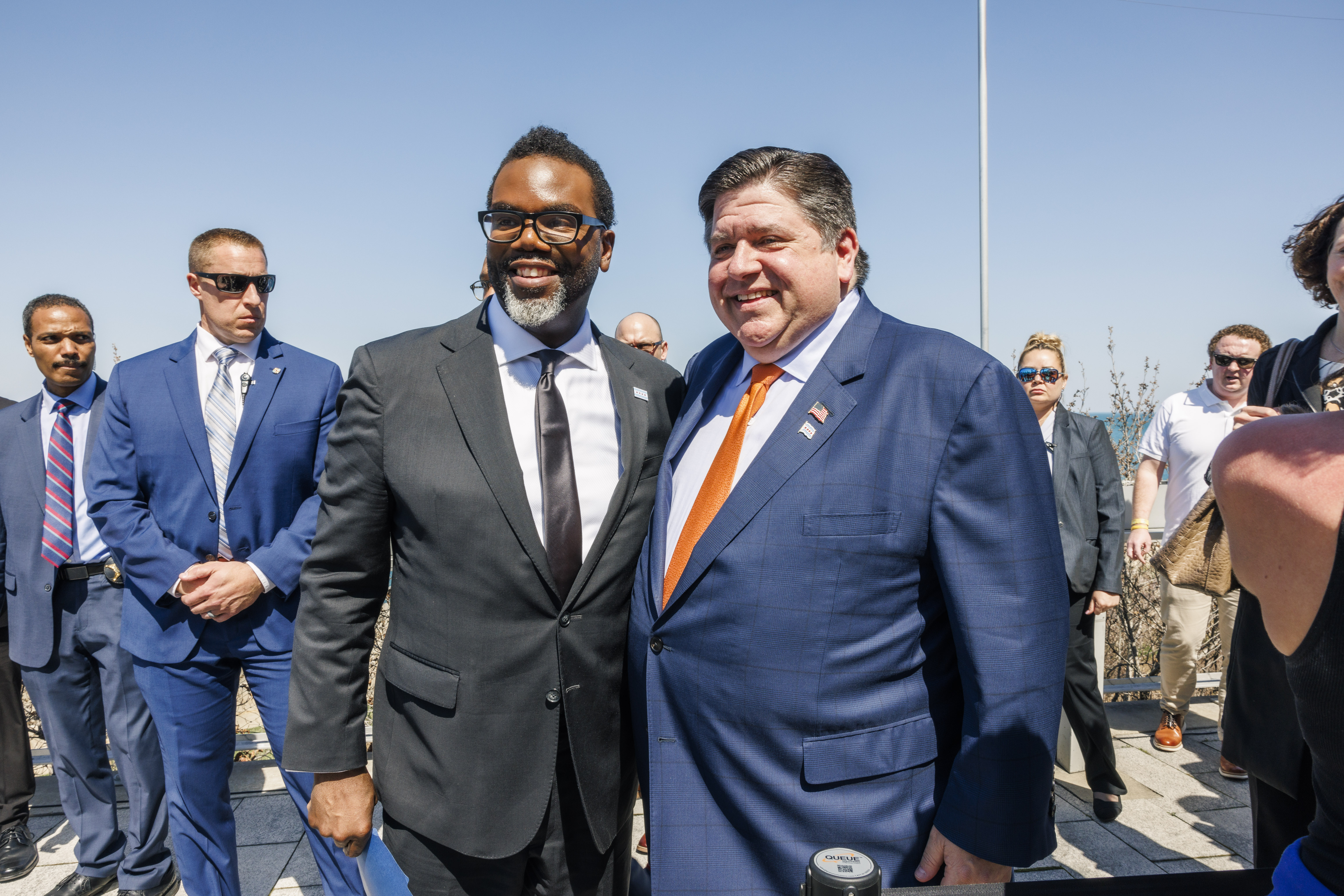 Then-Mayor-elect Brandon Johnson (right) and Gov. JB Pritzker in April 2023. Johnson and his allies want Pritzker and state lawmakers to help Chicago with its budget deficits and a new Bears stadium.