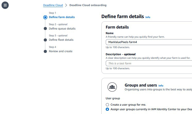 A screenshot of the Deadline Cloud onboarding page, showing a workflow for entering farm details, groups, and users.