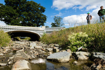 A bridge allows water to pass underneath without impact fish travel.