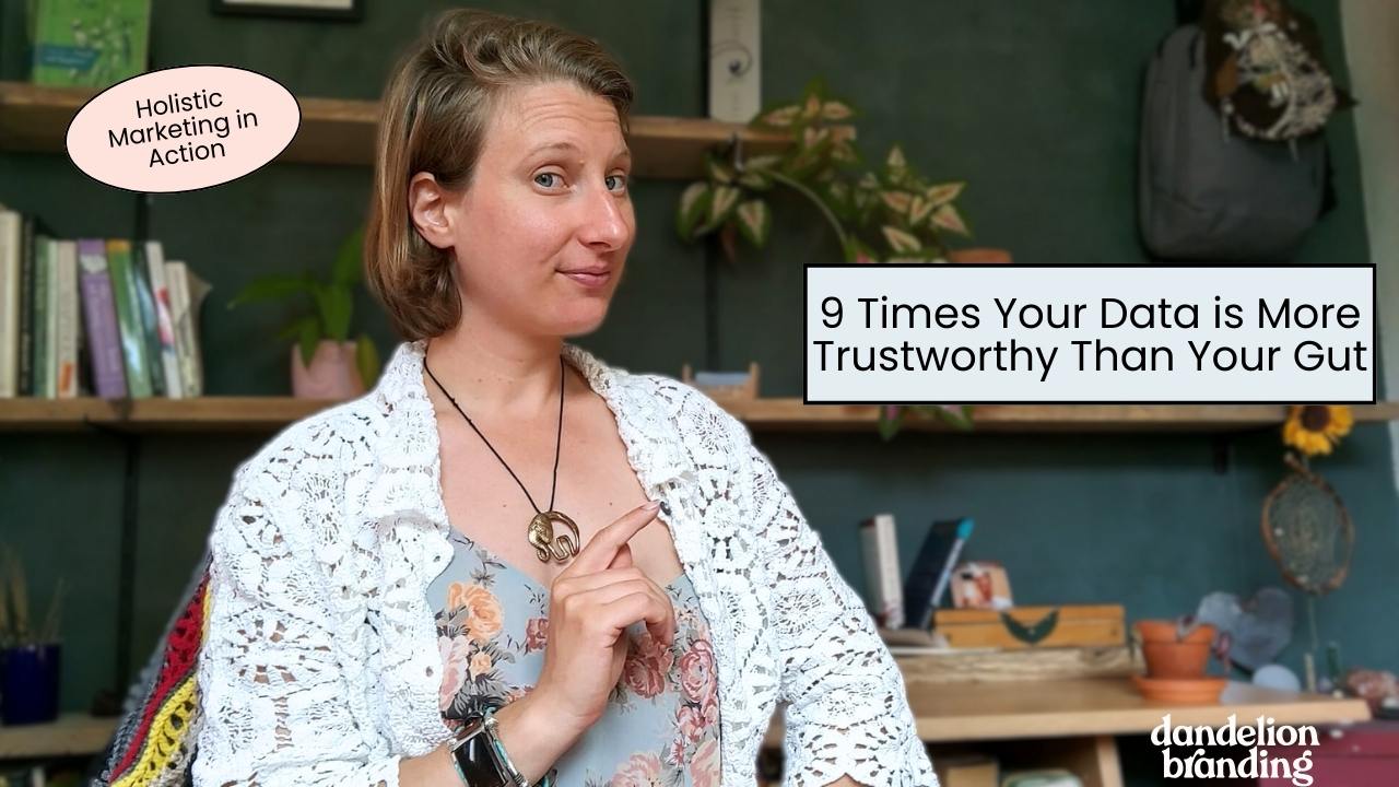 Aub pointing to a banner that says, "9 times your data is more trustworthy than your gut" for an article about data analytics