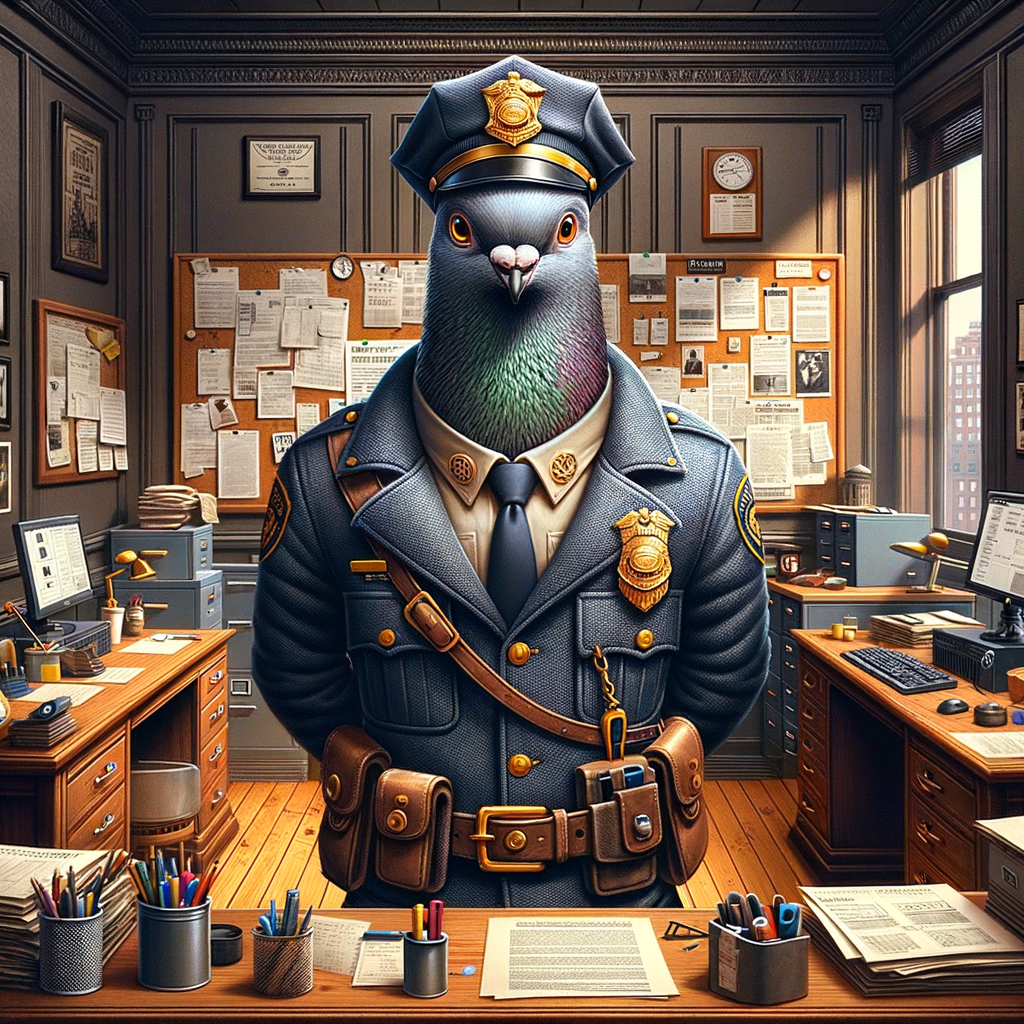 Anthropomorphic pigeon, in police attire, police office setting, detailed illustration, digital art, over-detailed art, concept art, full character, character concept, full body shot, fantasy character, hd, 4k, Dan Mumford, Krzysztof Maziarz, trending on art station