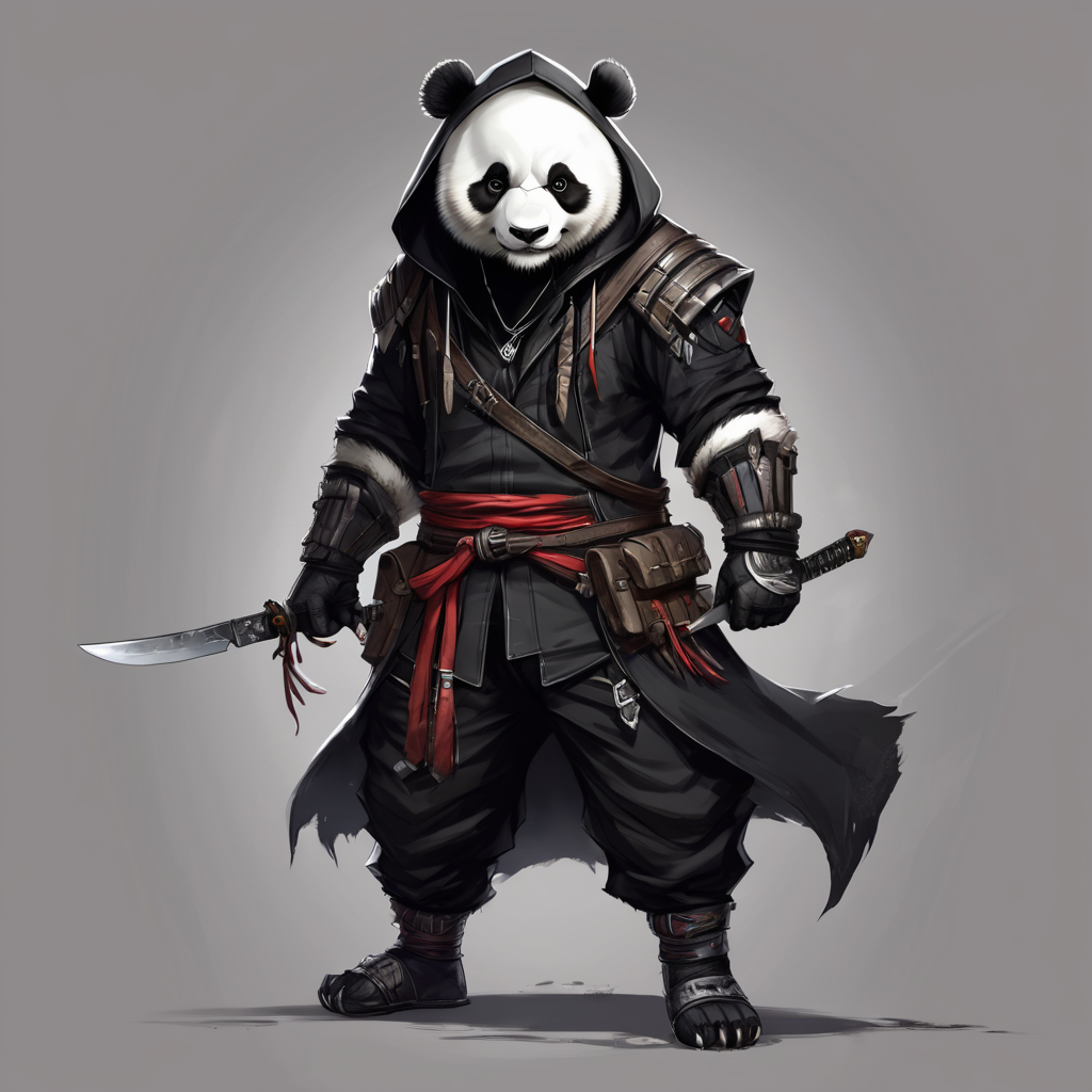 Anthropomorphic panda, as an assassin, wearing black hood, carrying knives, smoky misty background, detailed illustration, digital art, over-detailed art, concept art, full character, character concept, full body shot, fantasy character, hd, 4k, trending on art station