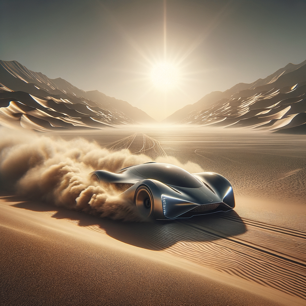 a sleek, high-tech vehicle speeding across a vast, arid desert landscape, vehicle kicks up clouds of dust as it zooms past towering sand dunes under a blazing sun