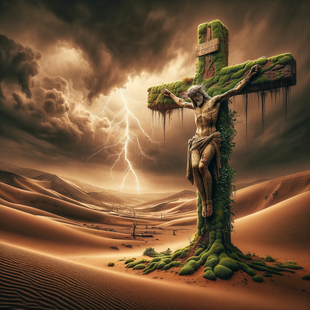 A statue of crucified Jesus in the middle of desert, moss and ivy formation on the statue, dark weather and thunder