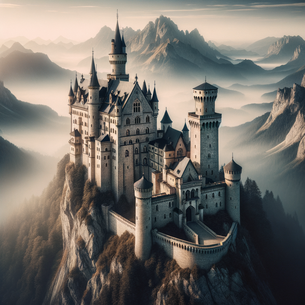 a grand, stone castle with tall turrets and battlements, perched on a rugged mountain peak. The surrounding landscape is shrouded in mist, giving the scene an ethereal, mystical quality.