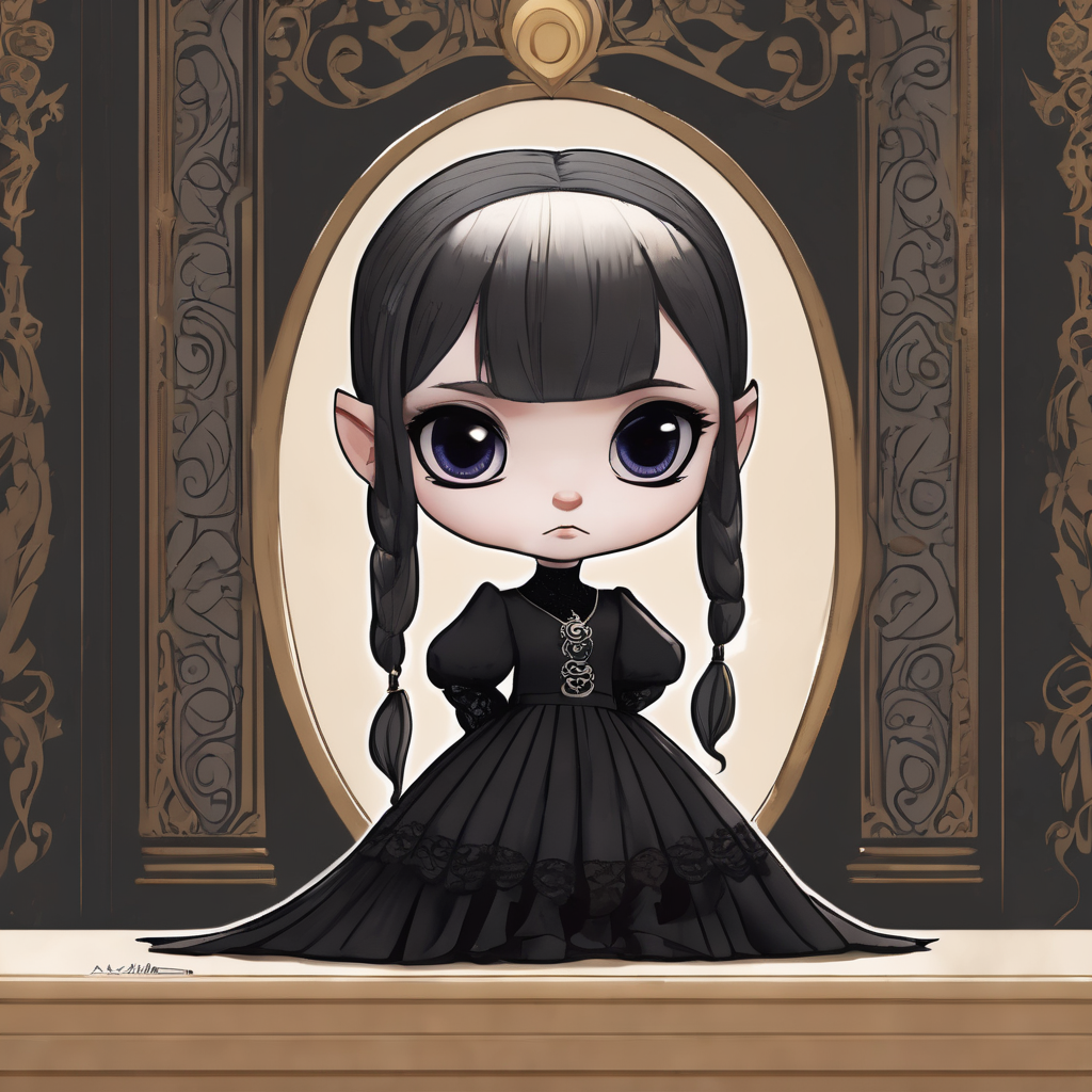 a chibi 'Wednesday' from Adams Family in her signature black dress, cute, adorable, big eyes