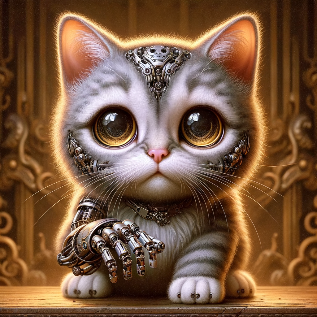 (masterpiece, high quality, cyberpunk, hyper-realistic, detailed art, artstation) A cute cyberpunk cat with a single front paw made of mechanical parts